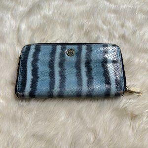 Tory Burch Blue Striped Snake Zip Continental Wallet